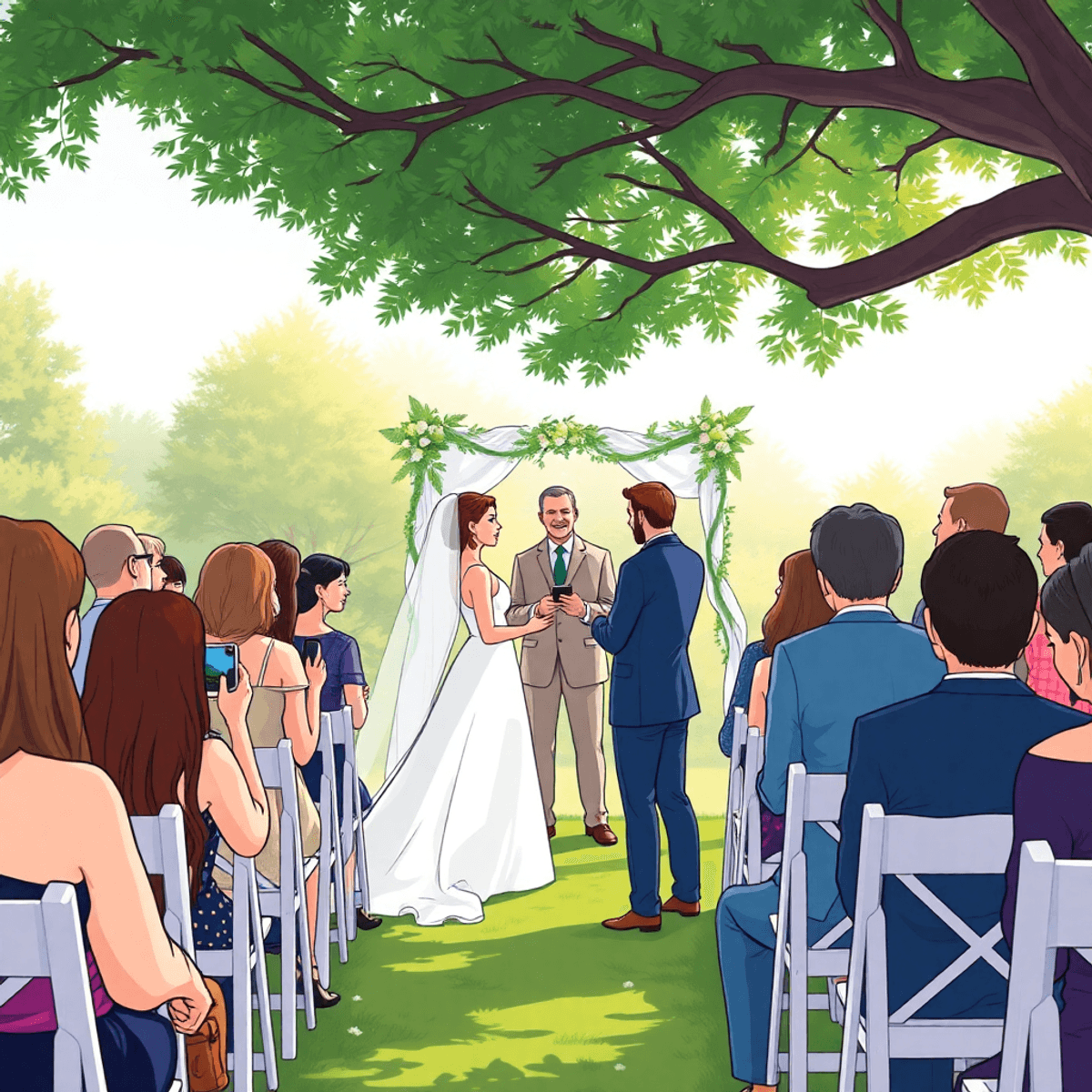 Cartoon of a peaceful outdoor wedding with a photographer capturing heartfelt moments and guests seated quietly, bathed in soft natural light.