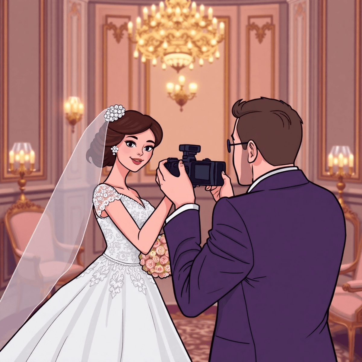 Cartoon of a wedding photographer taking elegant bridal portraits in a luxurious setting, emphasizing copyright and print rights.