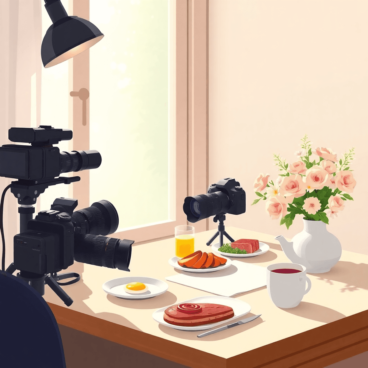 A cartoon-style illustration of a wedding photographer's workspace with elegant camera gear, a bouquet of flowers, and a healthy breakfast, bathed in soft natural light.