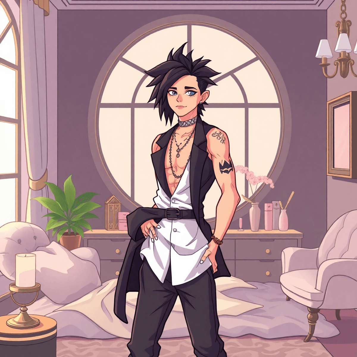 Cartoon of a confident androgynous person in mixed clothing, posing in a softly lit boudoir with elegant neutral decor.