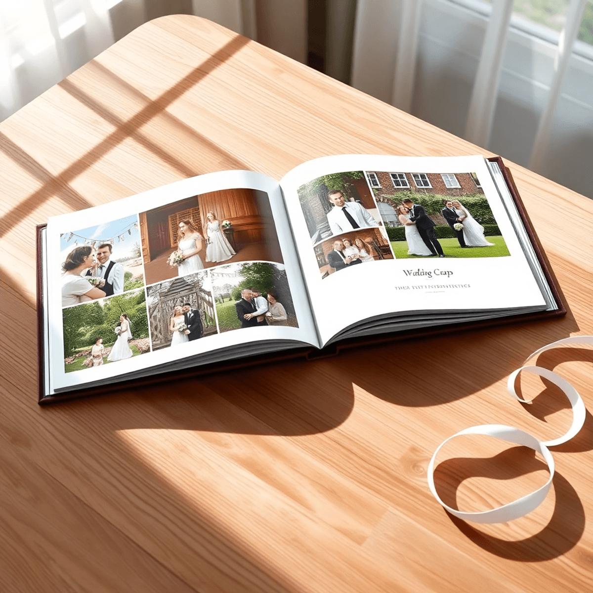 Open cartoon wedding album on wooden table with candid and posed photos, soft natural light, and flowing ribbon symbolizing storytelling.
