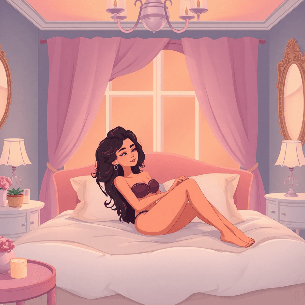 Cartoon-style of a model in a cozy bedroom with warm lighting, elegant decor, and a serene boudoir atmosphere emphasizing intimacy and self-expression.
