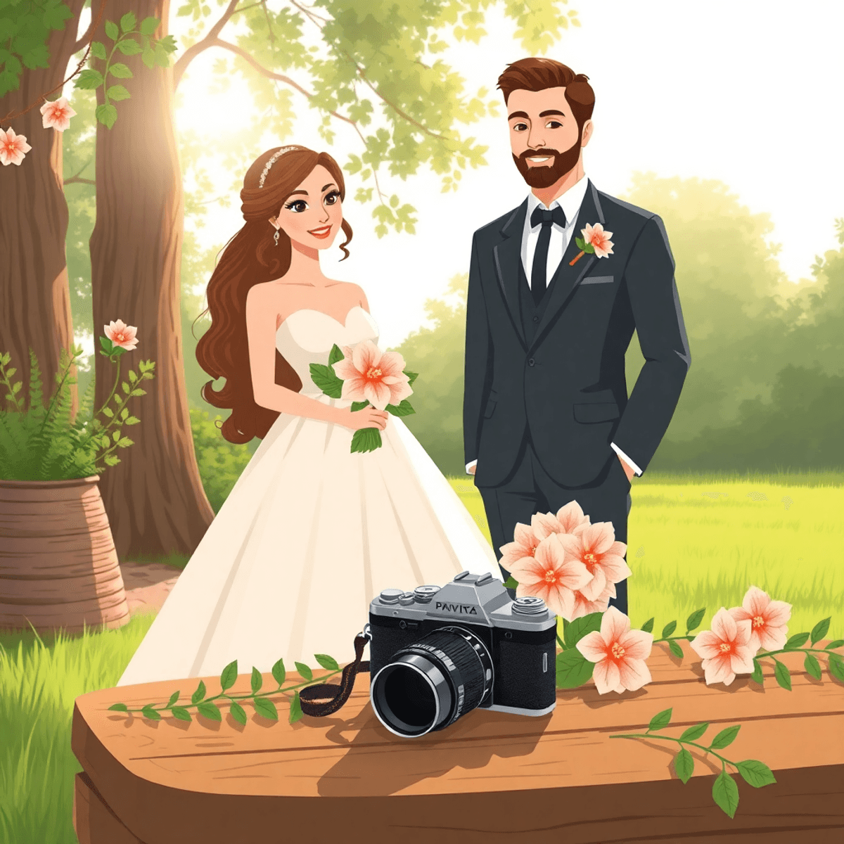 Cartoon outdoor wedding with eco-friendly decorations, bride and groom, soft sunlight through trees, and vintage camera on wooden table.