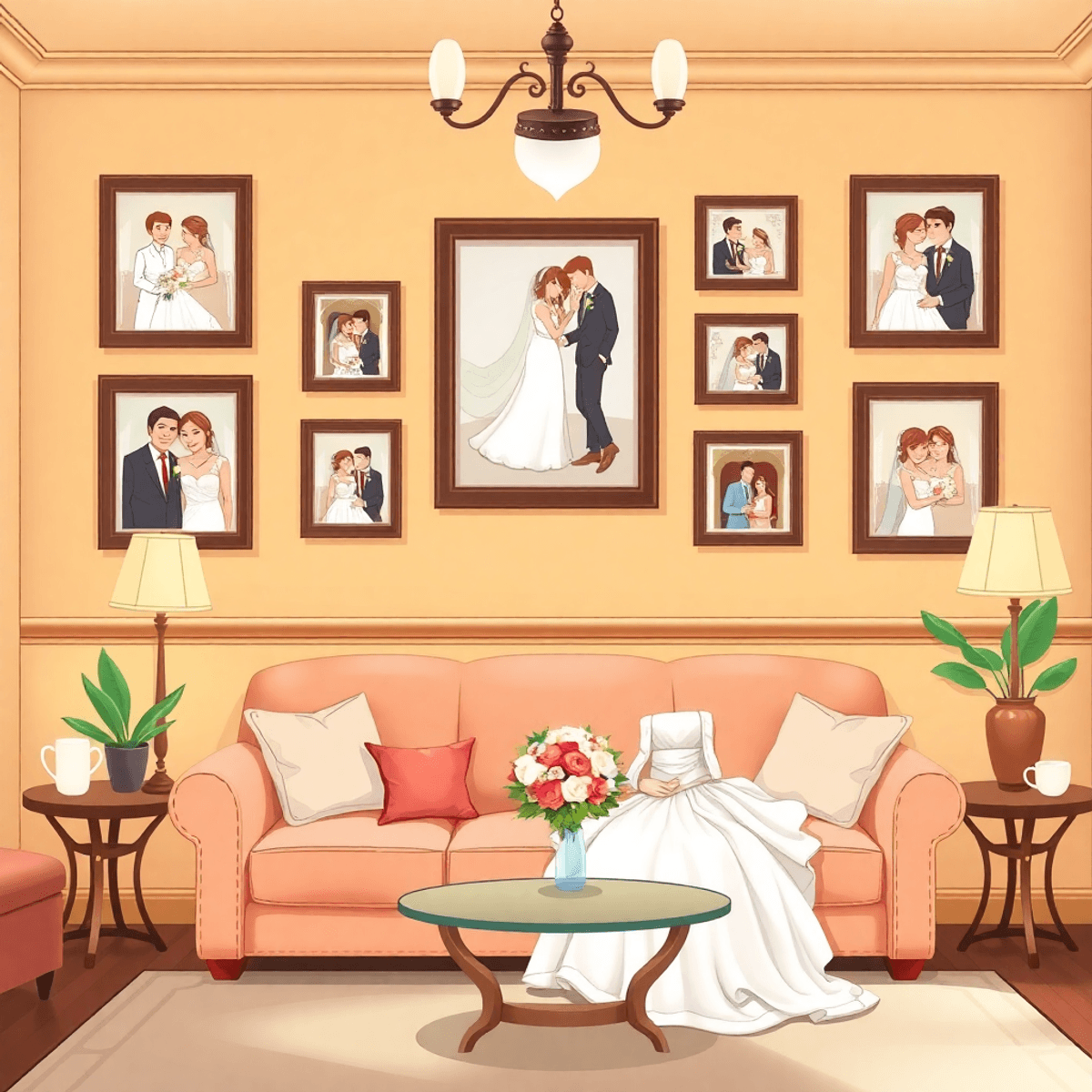 Cartoon-style living room with framed wedding photos on the wall, warm lighting, and a cozy, elegant atmosphere.