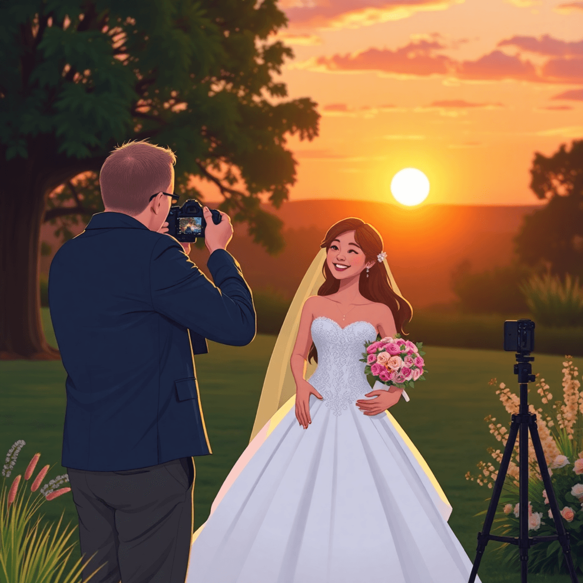 Cartoon of a joyful couple at a sunset outdoor wedding, with a photographer capturing the moment using elegant camera gear and soft natural light.