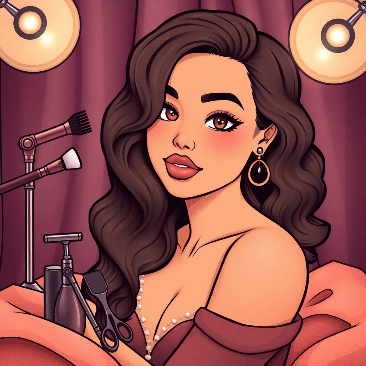 Cartoon-style boudoir setup with elegant hair tools, soft lighting, and luxurious fabrics conveying confidence and sensuality without people.