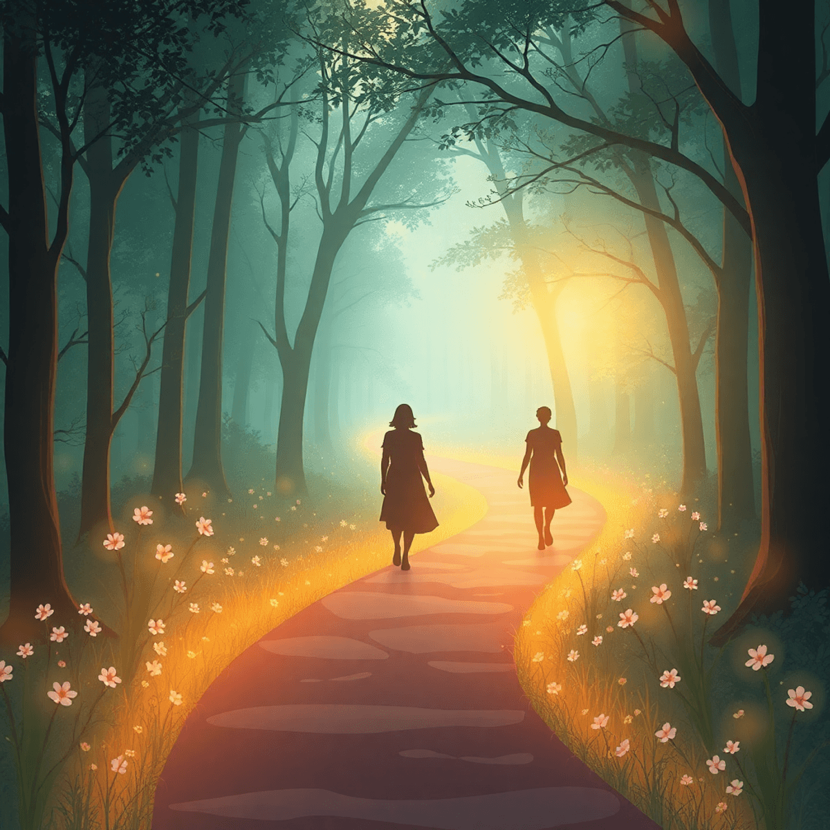 A glowing forest path with abstract figures walking confidently, surrounded by blooming flowers and flowing water in a warm, serene, minimalist scene.