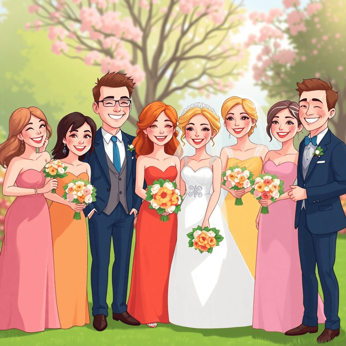 Cartoon-style bridal party outdoors, dressed elegantly, smiling naturally, celebrating together in a joyful wedding group photo.