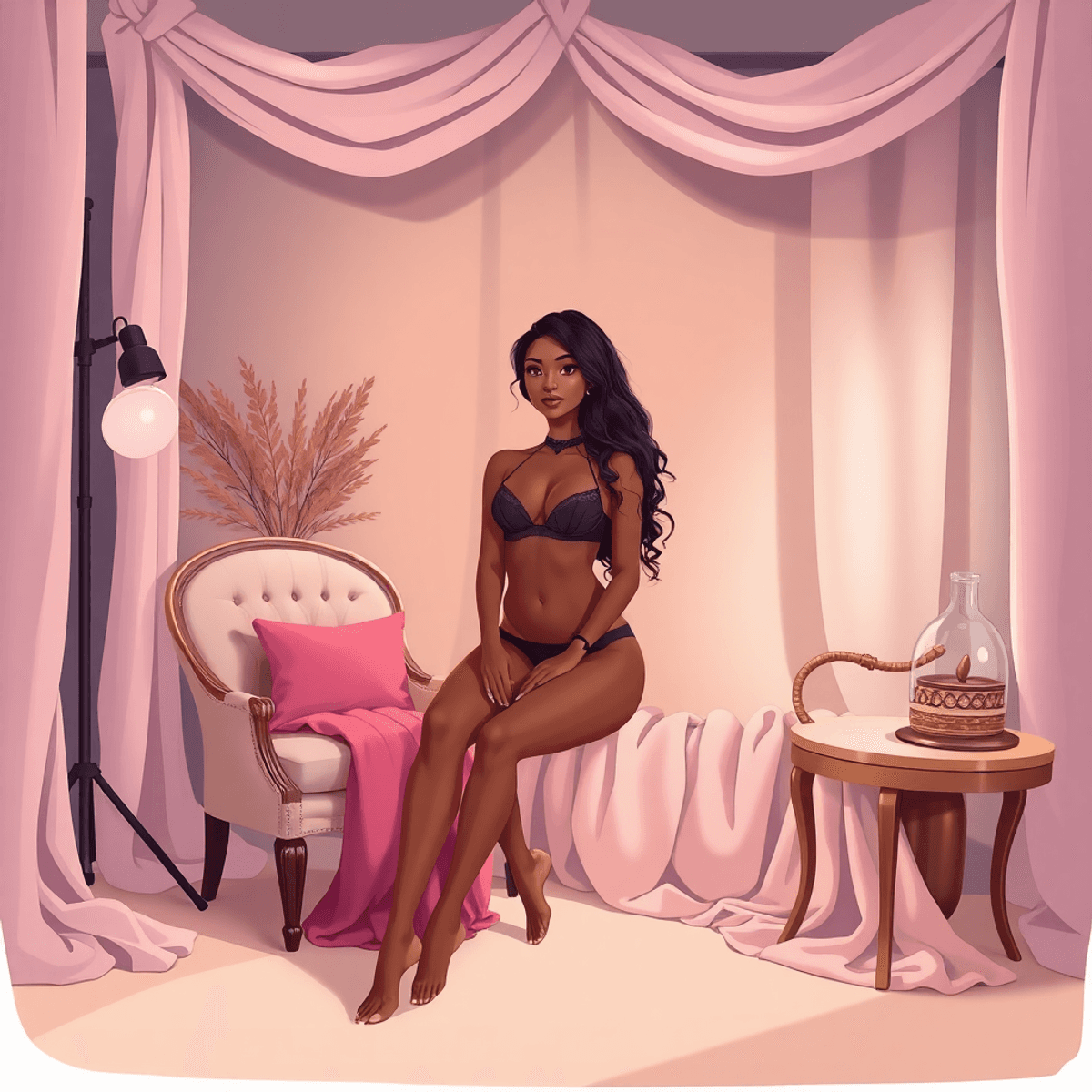 A cartoon-style boudoir scene with soft lighting, elegant fabrics, and intimate props like a vintage chair and luxurious bed, emphasizing beauty and self-expression.