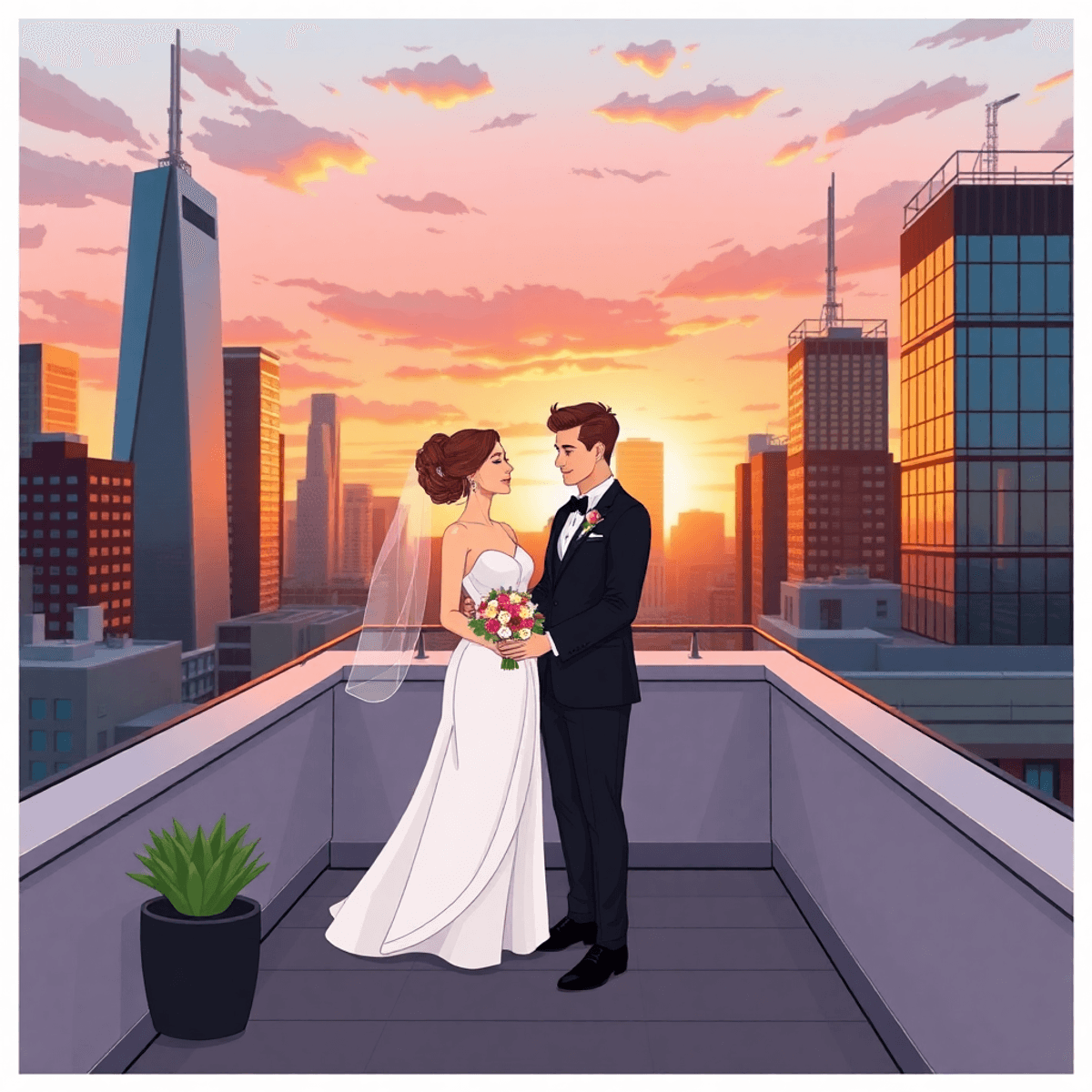 Cartoon-style rooftop wedding at sunset with a chic couple, city skyline, and modern architecture, showcasing vibrant energy and contemporary elegance.