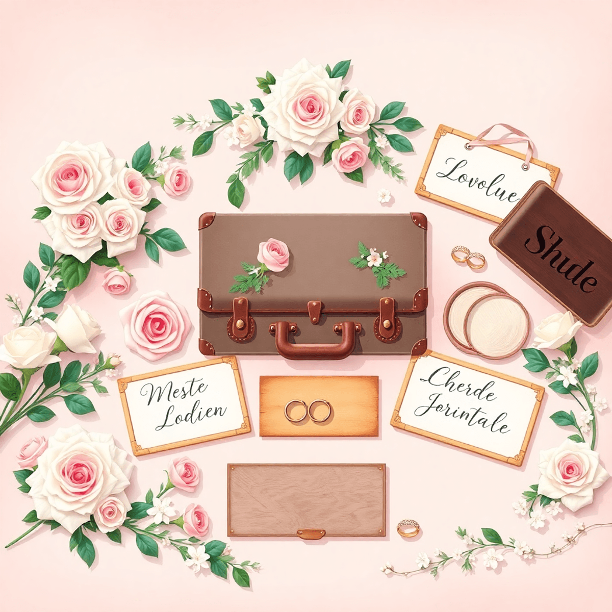 A whimsical flat lay of wedding props, featuring flowers, vintage suitcases, personalized signs, and rings on a soft background, capturing the essence of love and storytelling.