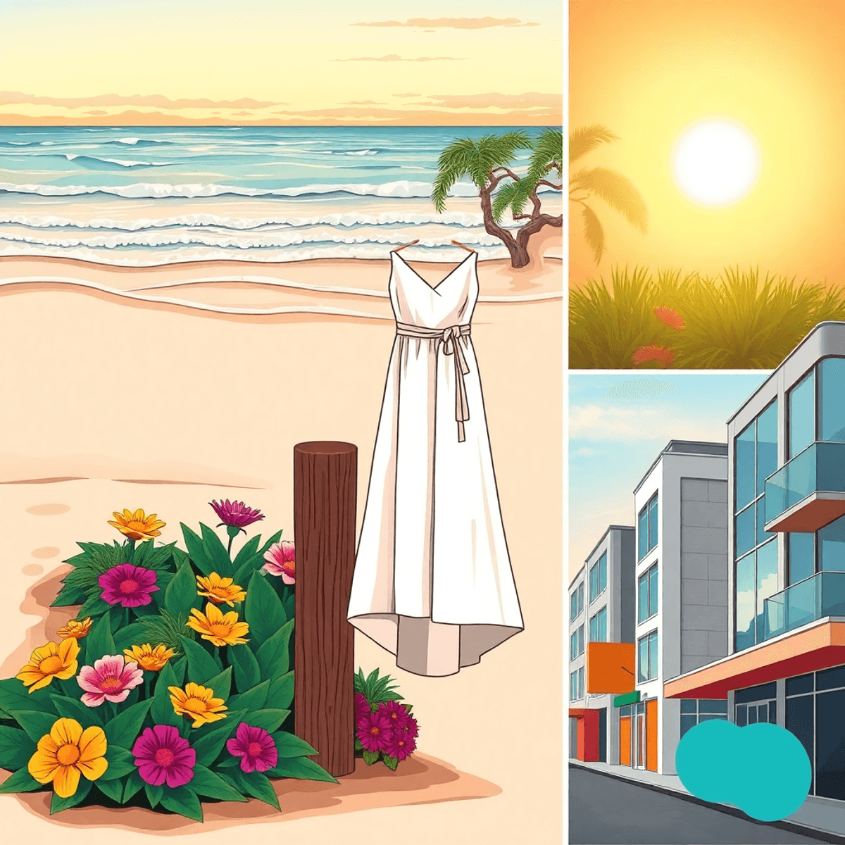 Cartoon scene blending a pastel sunset beach, vibrant garden, and modern urban street with sleek buildings and bold abstract colors.