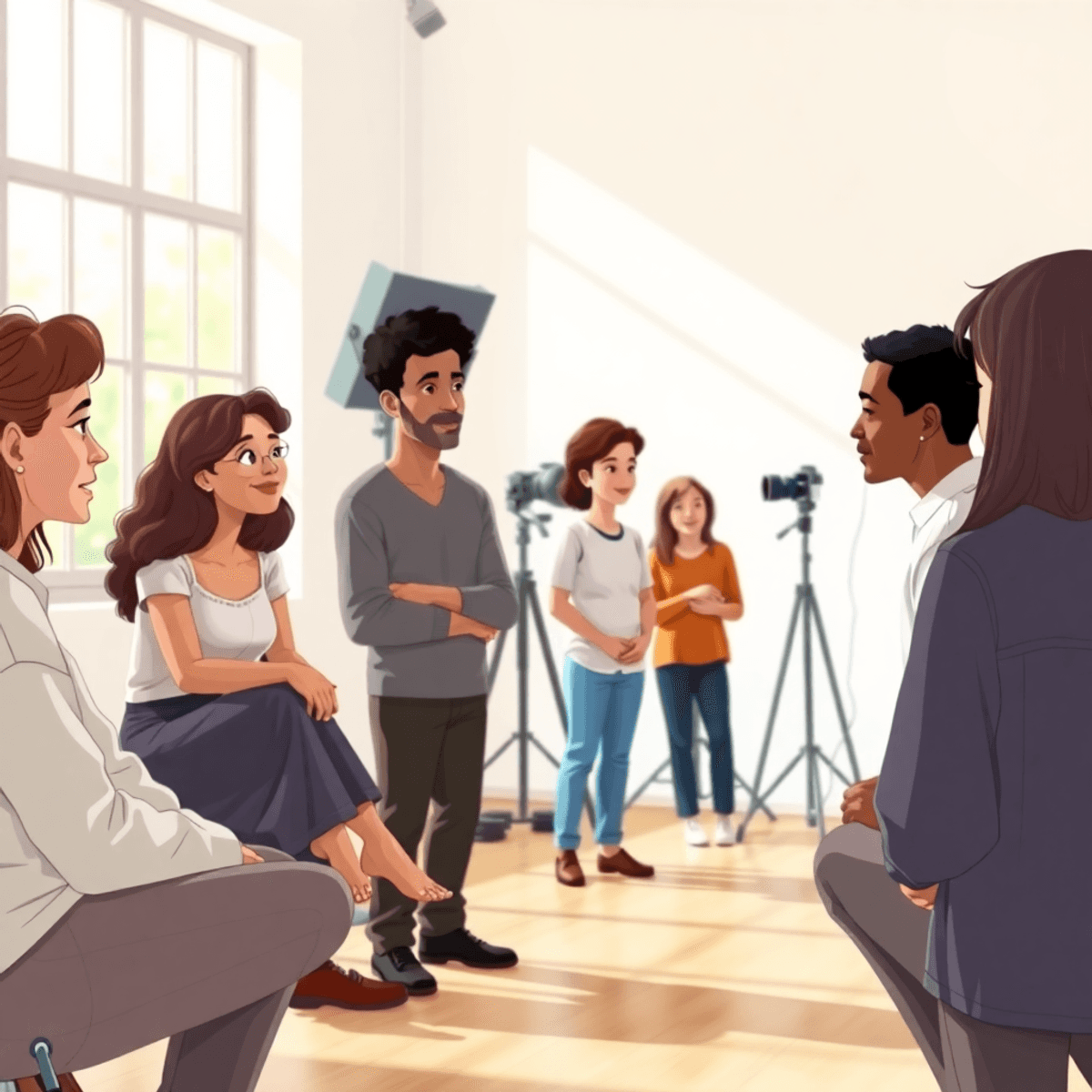 Cartoon-style studio with soft light, people chatting warmly, surrounded by cameras and light stands, creating a cozy and inclusive atmosphere.