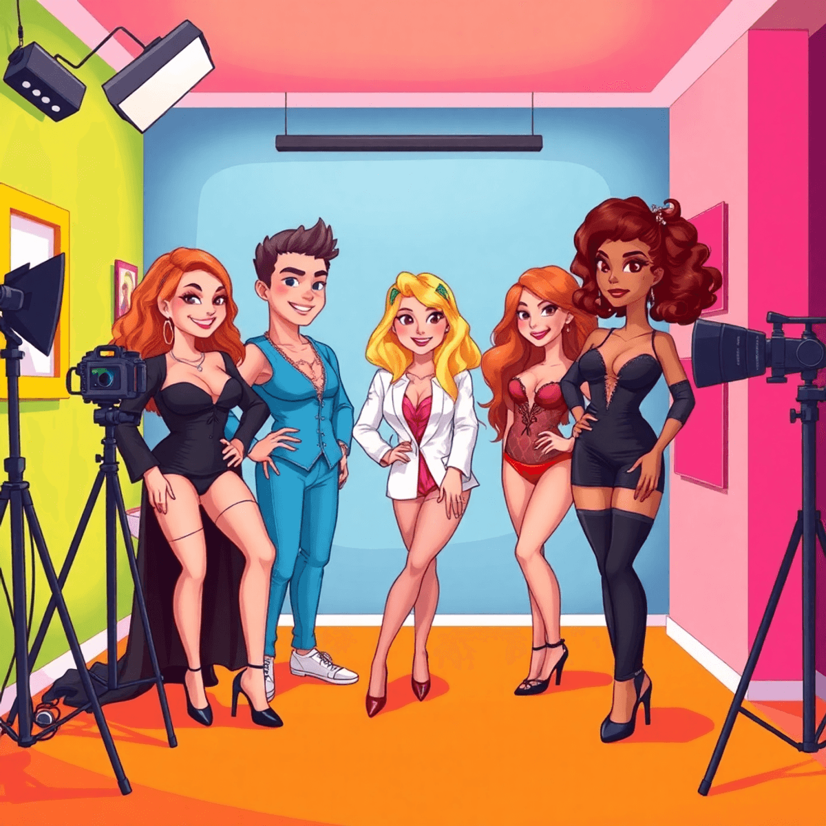 Cartoon of confident individuals showcasing unique styles in a vibrant studio, guided by a friendly photographer during a professional photoshoot.