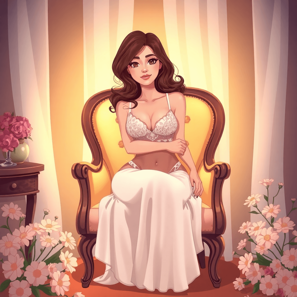Cartoon-style boudoir scene with soft lighting, lingerie on a chair, and delicate flowers, conveying confidence and intimacy.