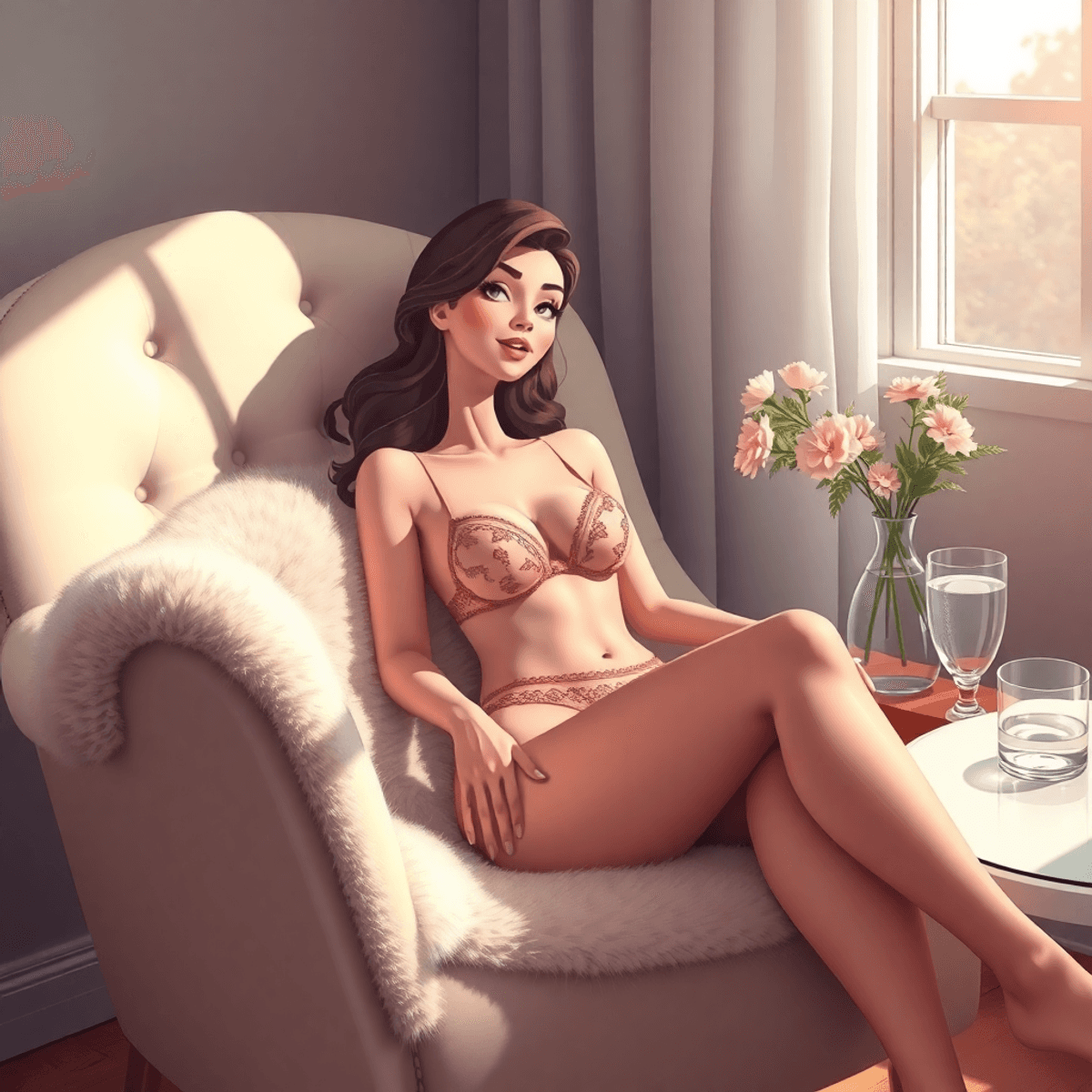 Cartoon-style elegant boudoir with lingerie on plush chair, soft natural light, vase of flowers, and glass of water symbolizing self-care and relaxation.