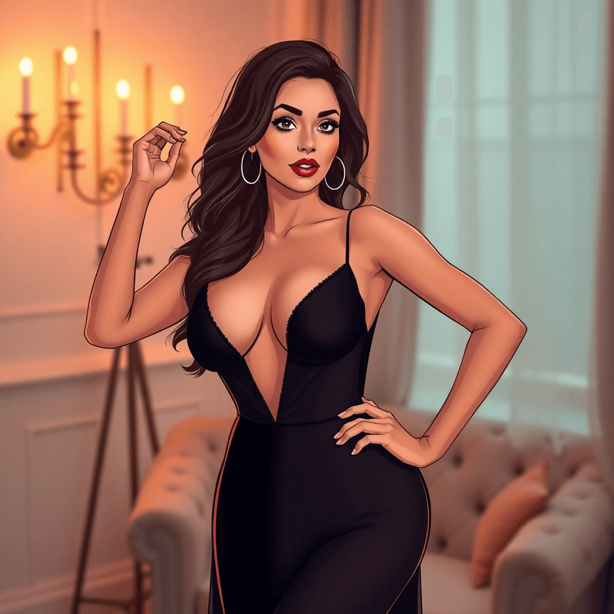 Cartoon of a confident woman posing gracefully in a stylish boudoir studio with soft, warm lighting conveying empowerment and self-love.