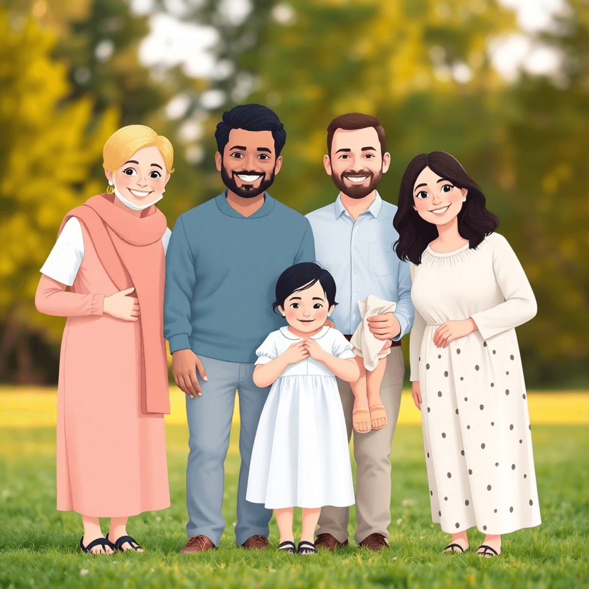 Cartoon-style family photo with smiling members in coordinated outfits, interacting naturally against a softly blurred outdoor background.