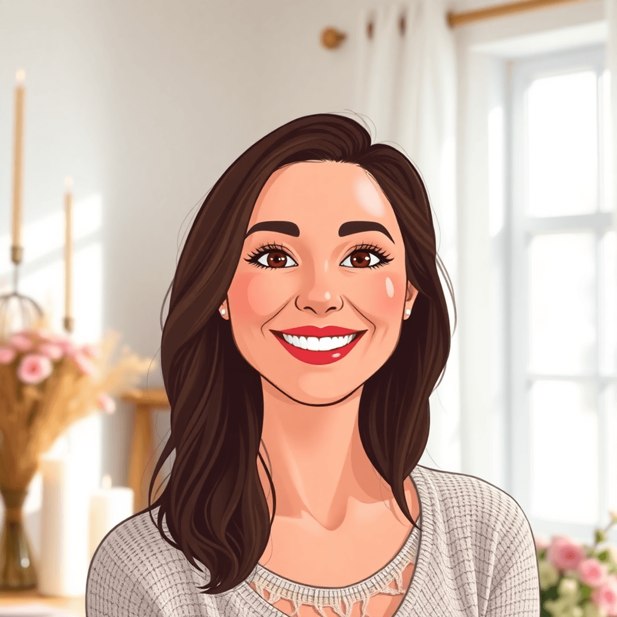 Cartoon portrait of a confident woman smiling in a bright, cozy room with candles and flowers, radiating self-love and authentic confidence.