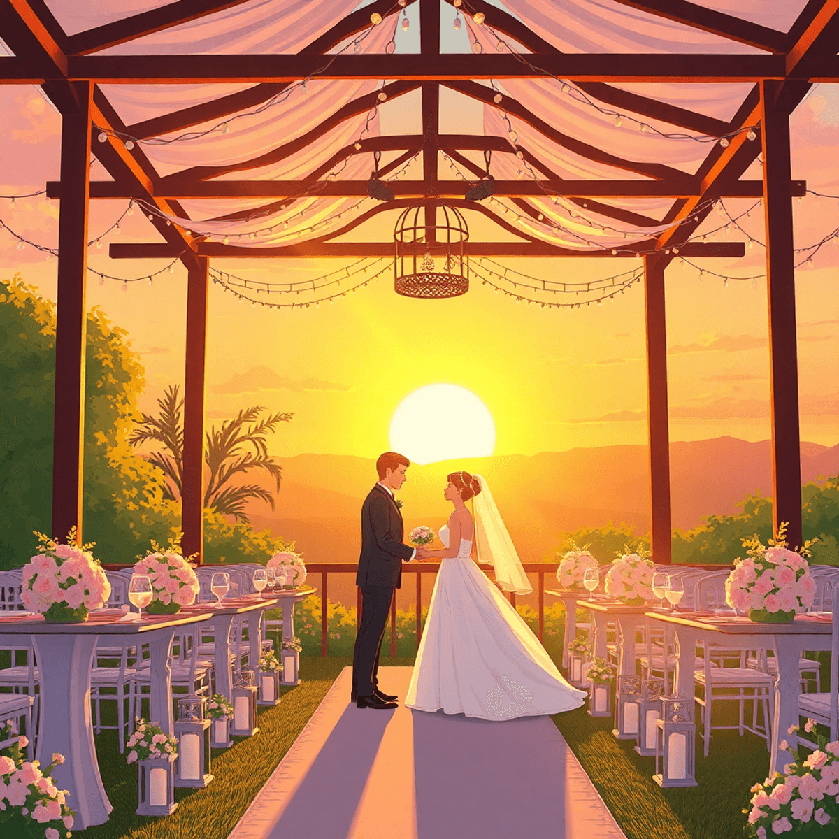 A cartoon-style sunset scene at an outdoor wedding venue, featuring warm sunlight, delicate floral arrangements, and elegant decor, evoking love and romance.