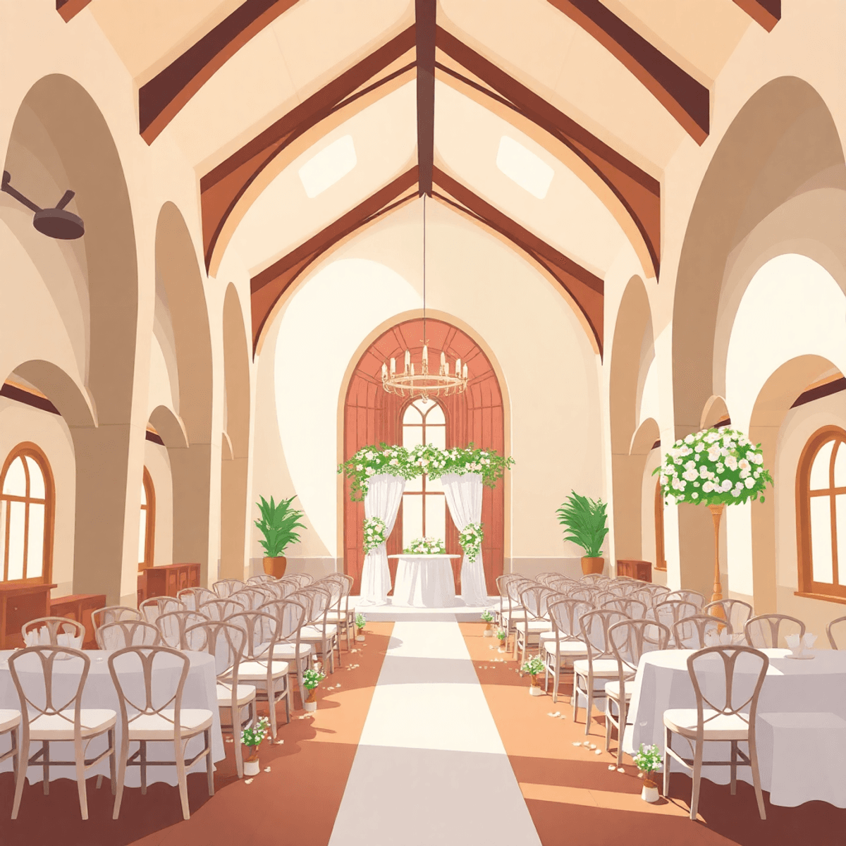 A cartoon-style illustration of a wedding venue with unique beams and arches, softly lit to create an inviting atmosphere, highlighting the architectural features.
