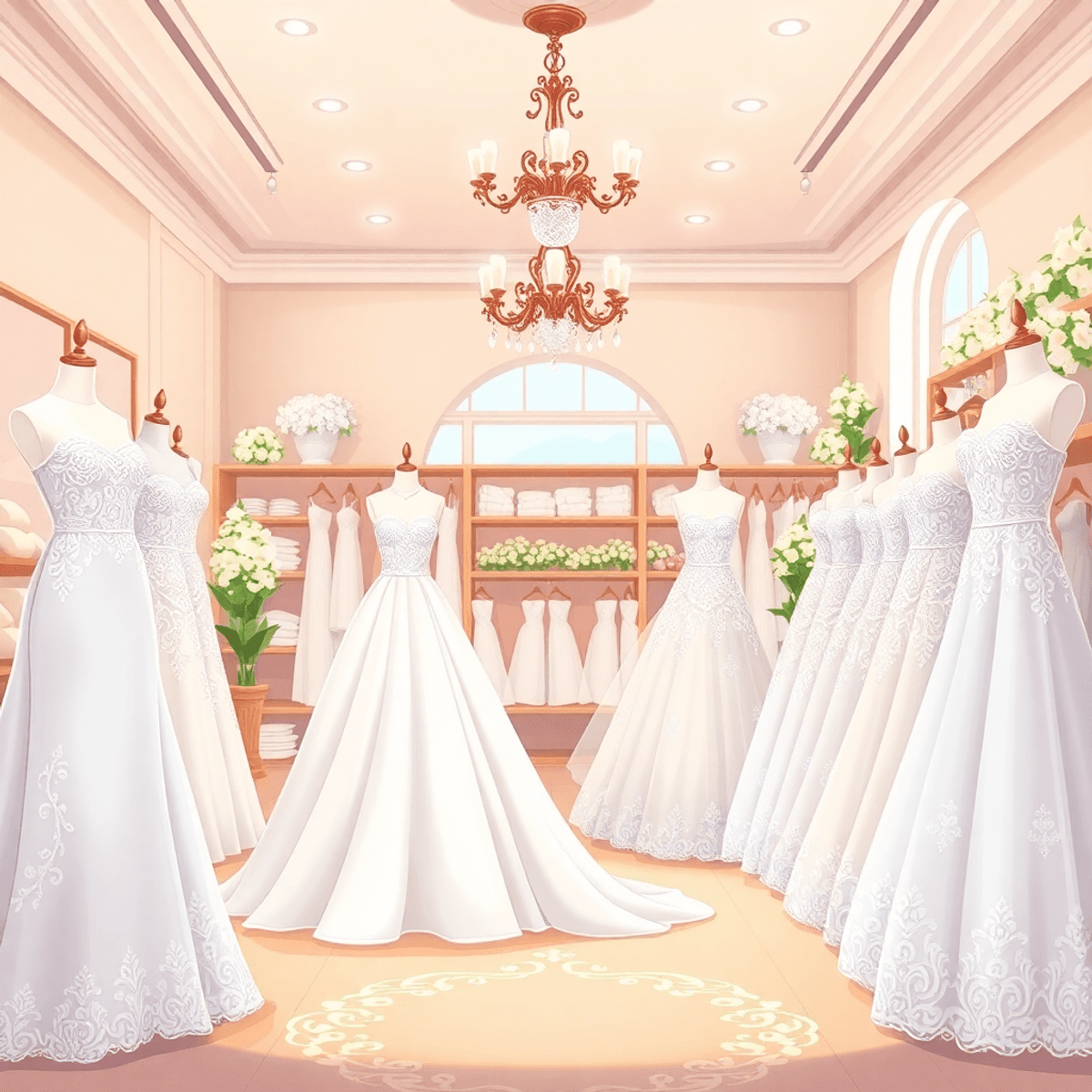 Cartoon bridal boutique interior with wedding gowns on mannequins, lace fabrics, accessories, and warm lighting creating a joyful shopping atmosphere.