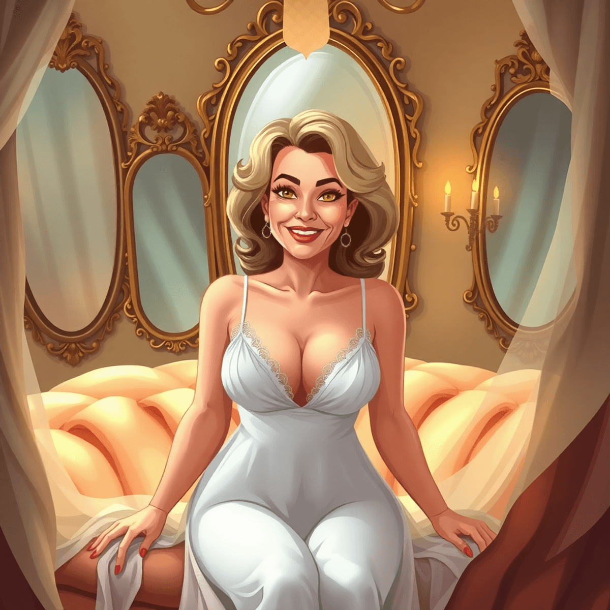 Cartoon-style boudoir scene with a confident woman, soft lighting, vintage mirrors, and delicate fabrics symbolizing empowerment and self-celebration.
