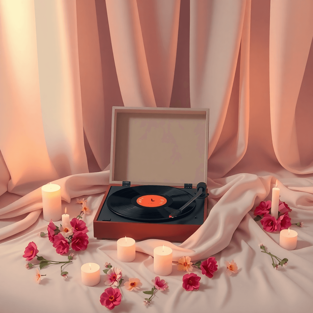 A cozy boudoir scene with soft lighting, elegant fabrics, a vintage record player, scattered flowers, and candles, evoking warmth and empowerment through music.