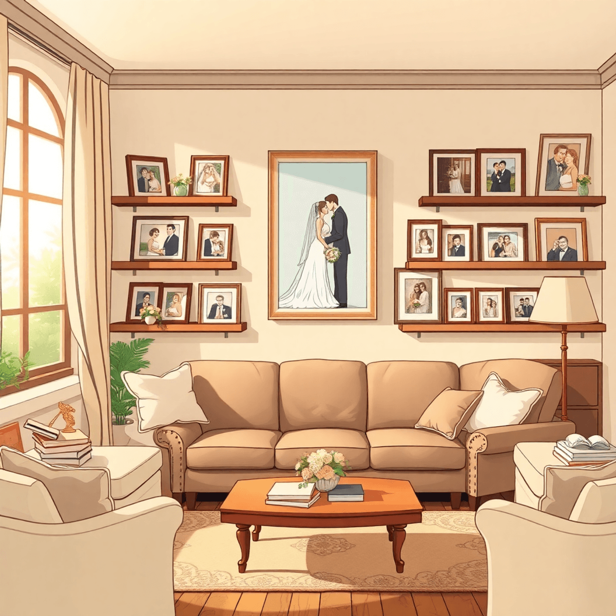 Cartoon-style cozy living room with framed wedding photos and albums on shelves and walls, bathed in warm natural light creating a nostalgic, intimate atmosphere.