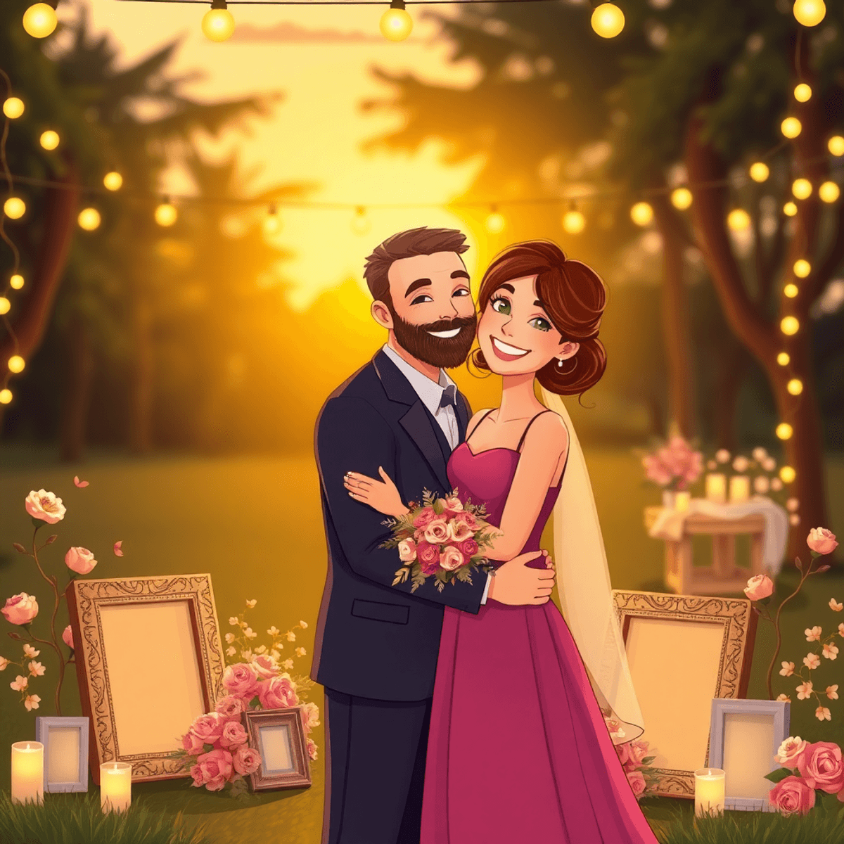 Cartoon-style warm golden-hour scene of a couple embracing amid fairy lights, floral arrangements, and vintage photo frames symbolizing wedding storytelling.
