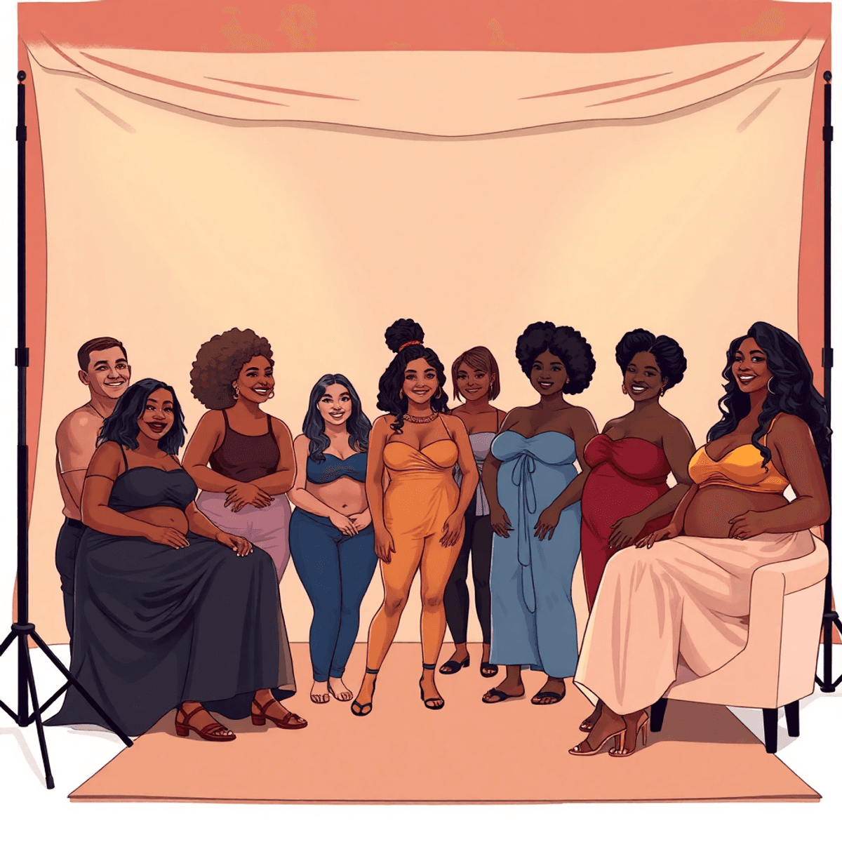 Cartoon-style cozy photography studio with soft lighting, diverse figures posing confidently amid flowing fabrics and warm, harmonious tones.