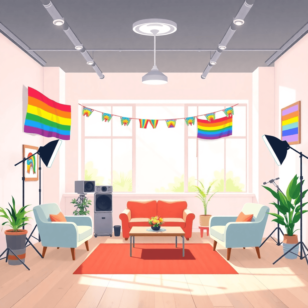 Cartoon-style bright photography studio with rainbow decor, comfy seating, subtle pride flags, and soft natural light, creating a welcoming space.