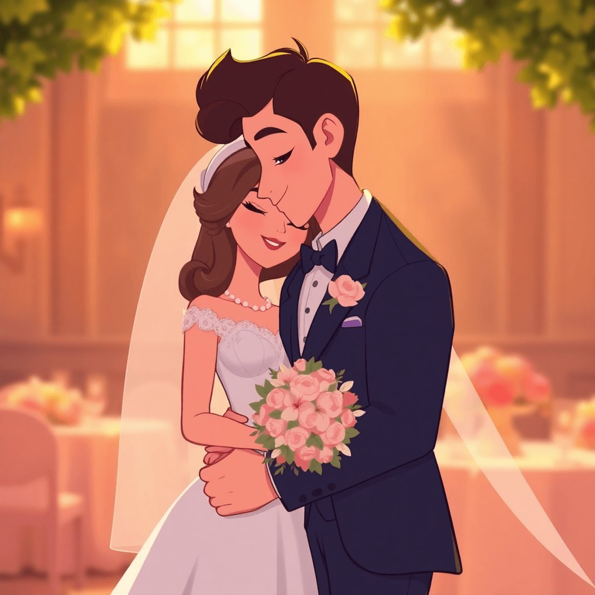 Cartoon-style romantic wedding scene with bride and groom in classic attire, softly lit by natural sunlight, showcasing warmth and intimate graceful poses.