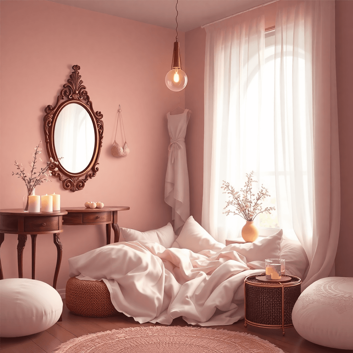A cartoon-style boudoir scene with soft light, plush fabrics, a vintage mirror, elegant lingerie, and flowers, creating an atmosphere of warmth and intimacy.