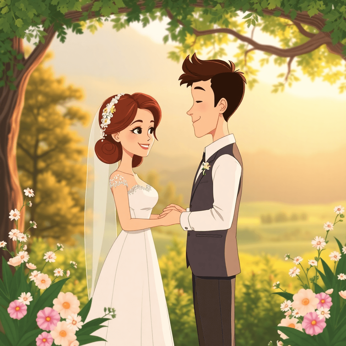 Cartoon of a couple exchanging vows outdoors in golden sunlight, surrounded by lush greenery and delicate floral arrangements.