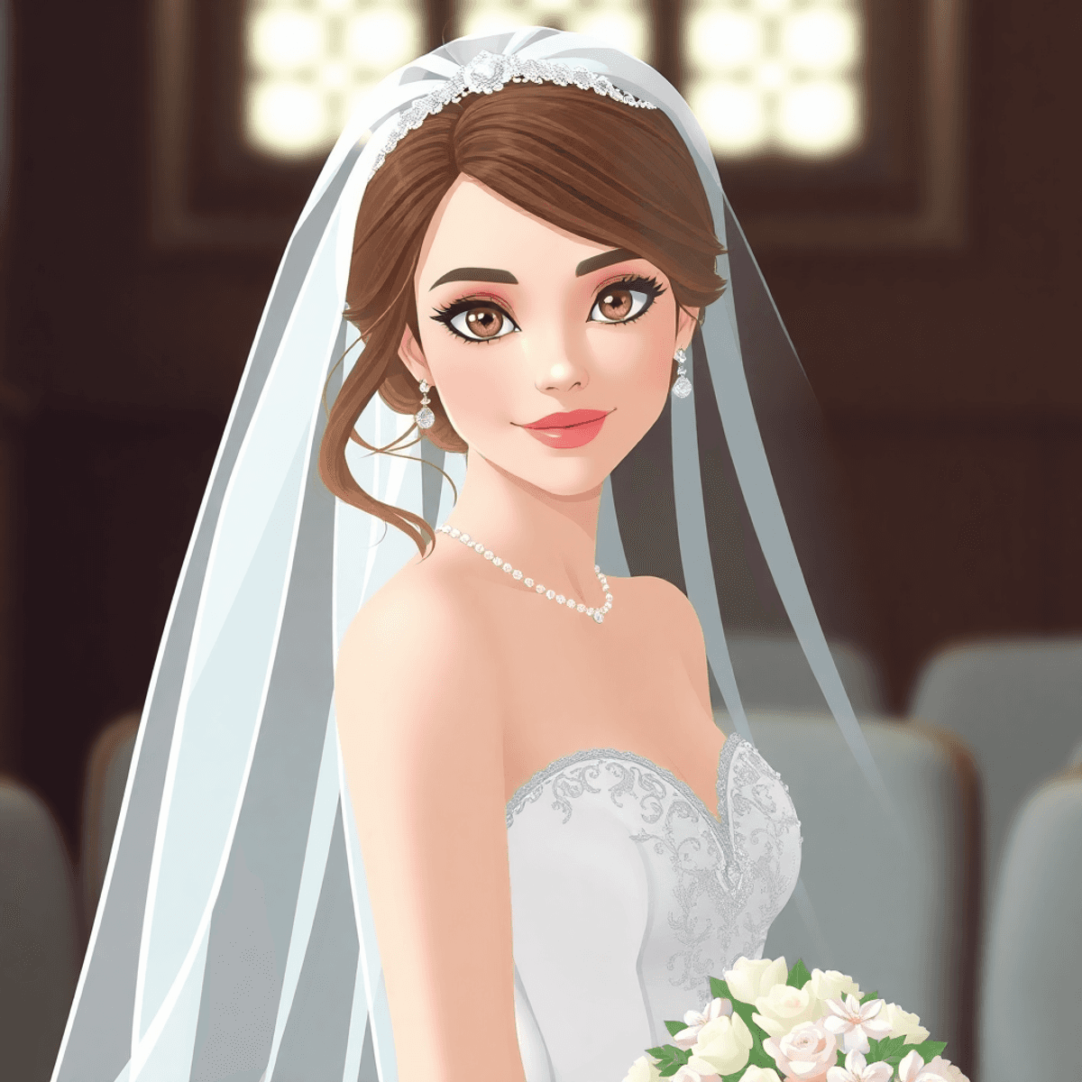 Cartoon-style portrait of a bride in an elegant veil and delicate accessories, posing gracefully in soft natural light with a romantic, timeless feel.