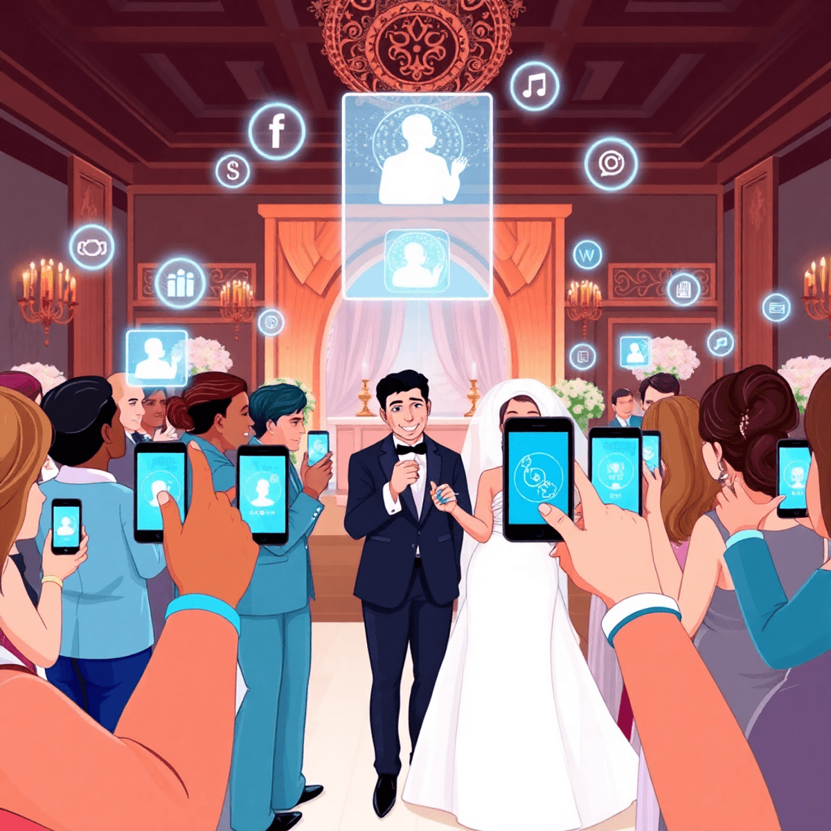 Cartoon wedding scene with guests using smartphones, digital icons, and holographic apps against an elegant, luxurious backdrop.