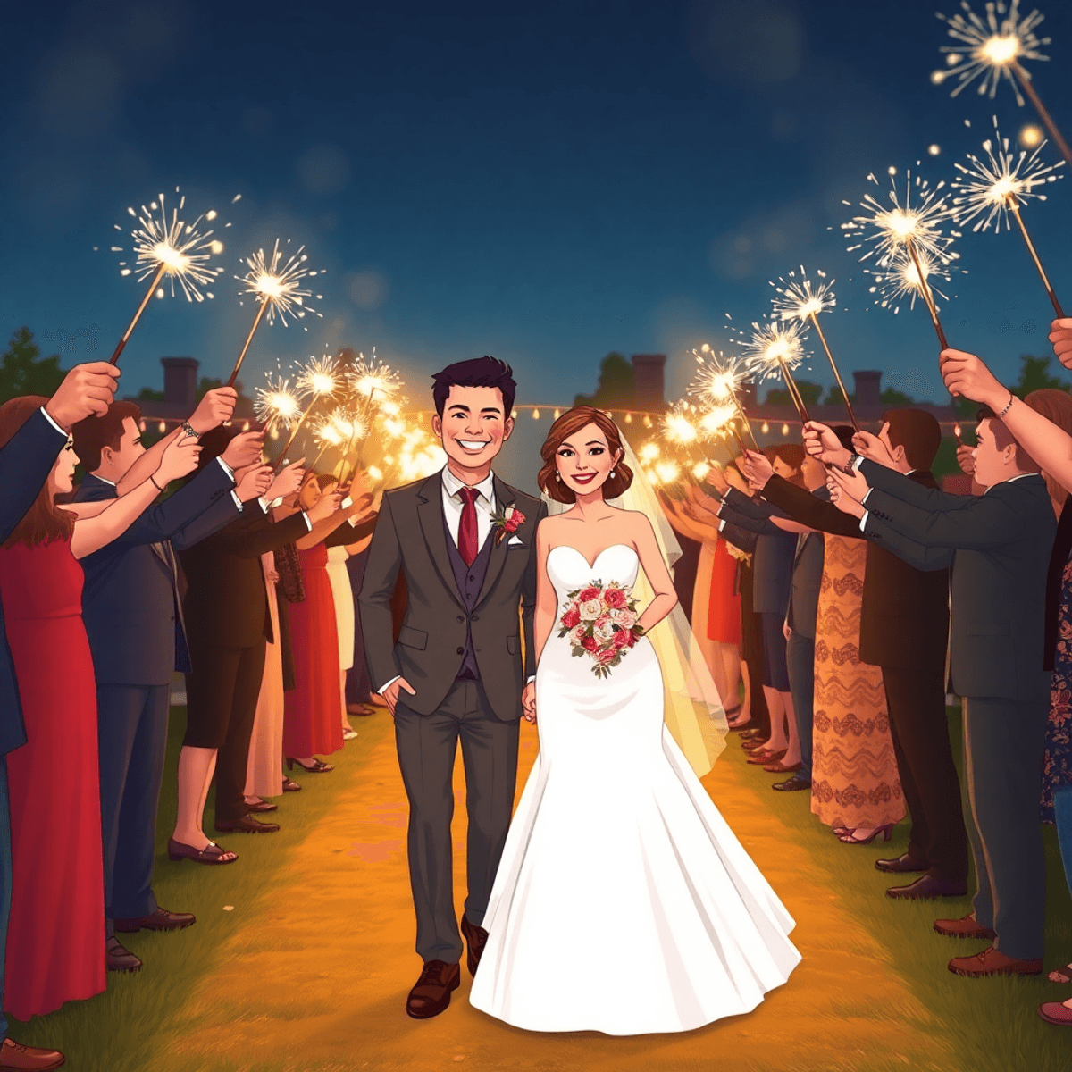 Cartoon bride and groom joyfully walking through a tunnel of glowing sparklers held by guests at dusk, surrounded by warm golden light and soft bokeh effects.