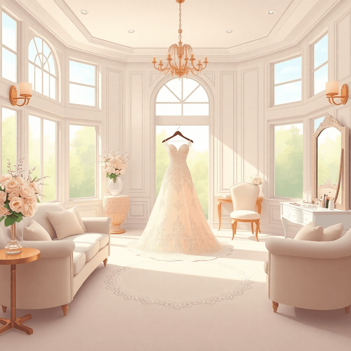 Cartoon-style bridal suite with soft light, plush seating, floral decor, ornate wedding dress on mannequin, stylish vanity, and elegant, serene atmosphere.
