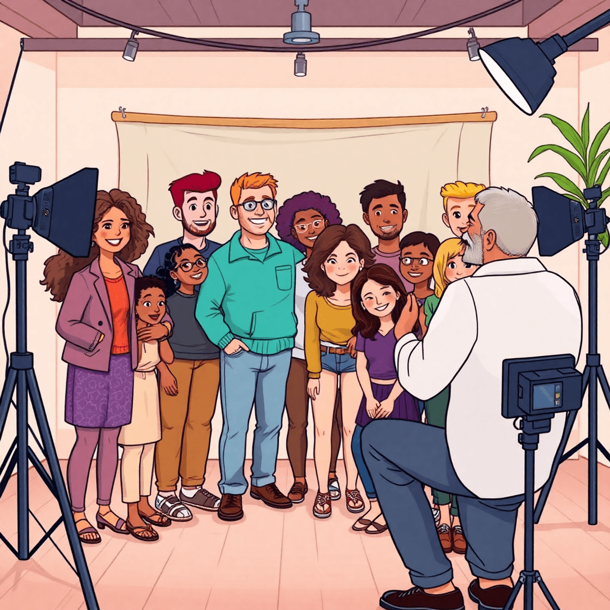 Cartoon of a warm photography studio with diverse people showcasing unique styles and a compassionate photographer capturing genuine moments.