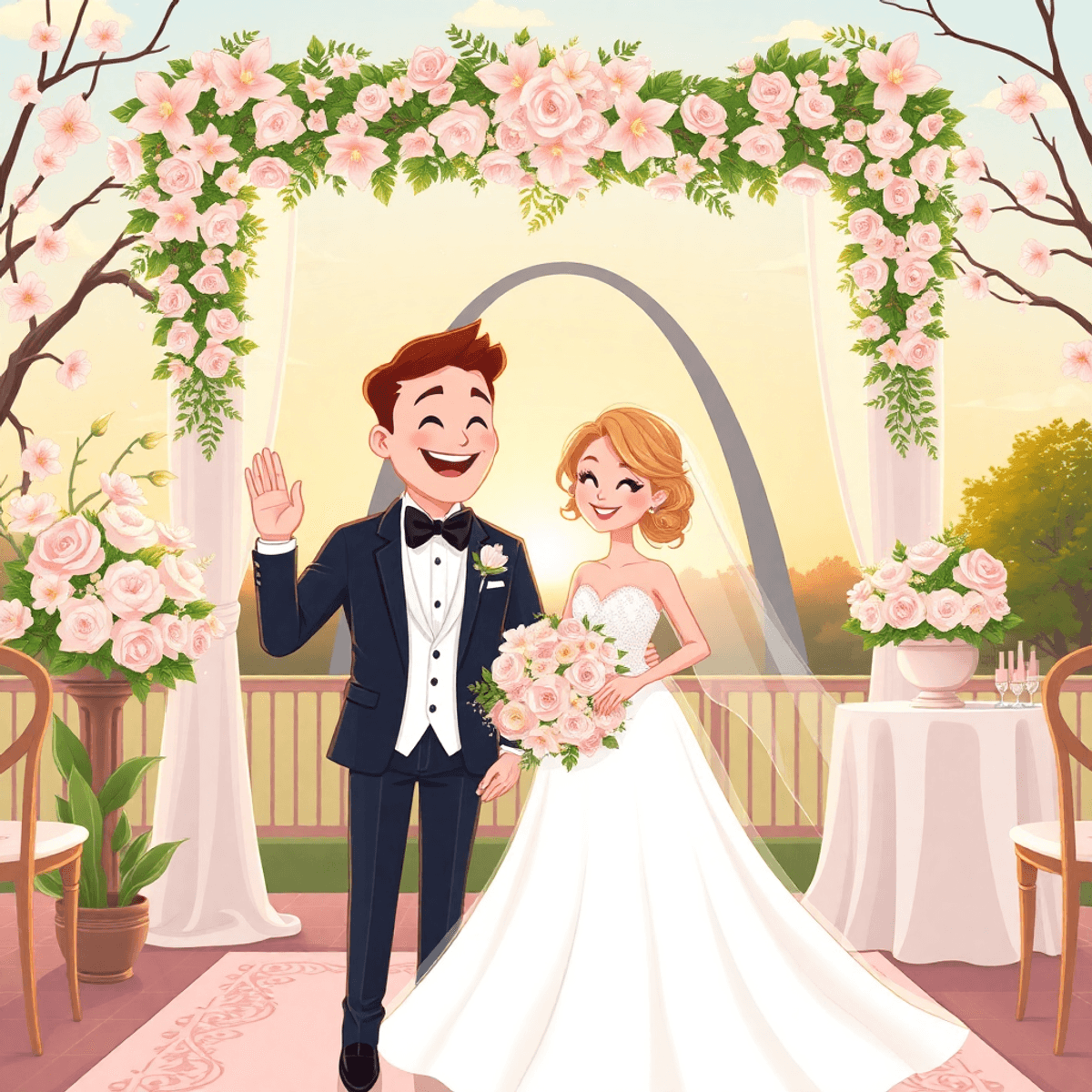 Cartoon-style romantic spring wedding with pastel flowers, elegant decor, and a joyful bride and groom celebrating outdoors at golden hour.