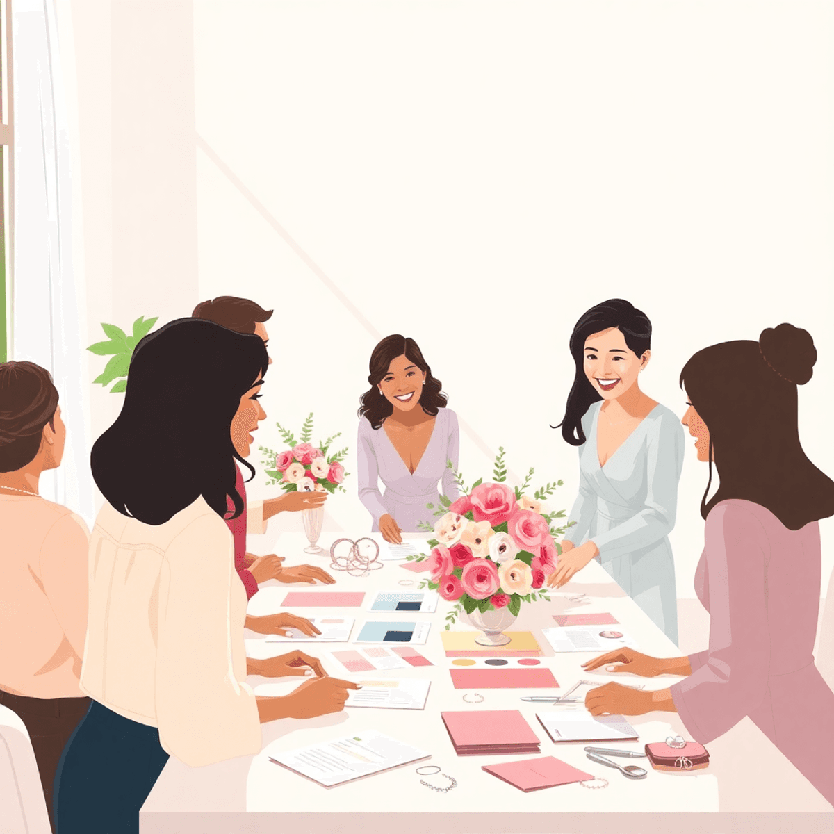 Cartoon of a group around a table with floral decor, mood boards, and wedding accessories, sharing ideas in a bright, elegant room filled with natural light.