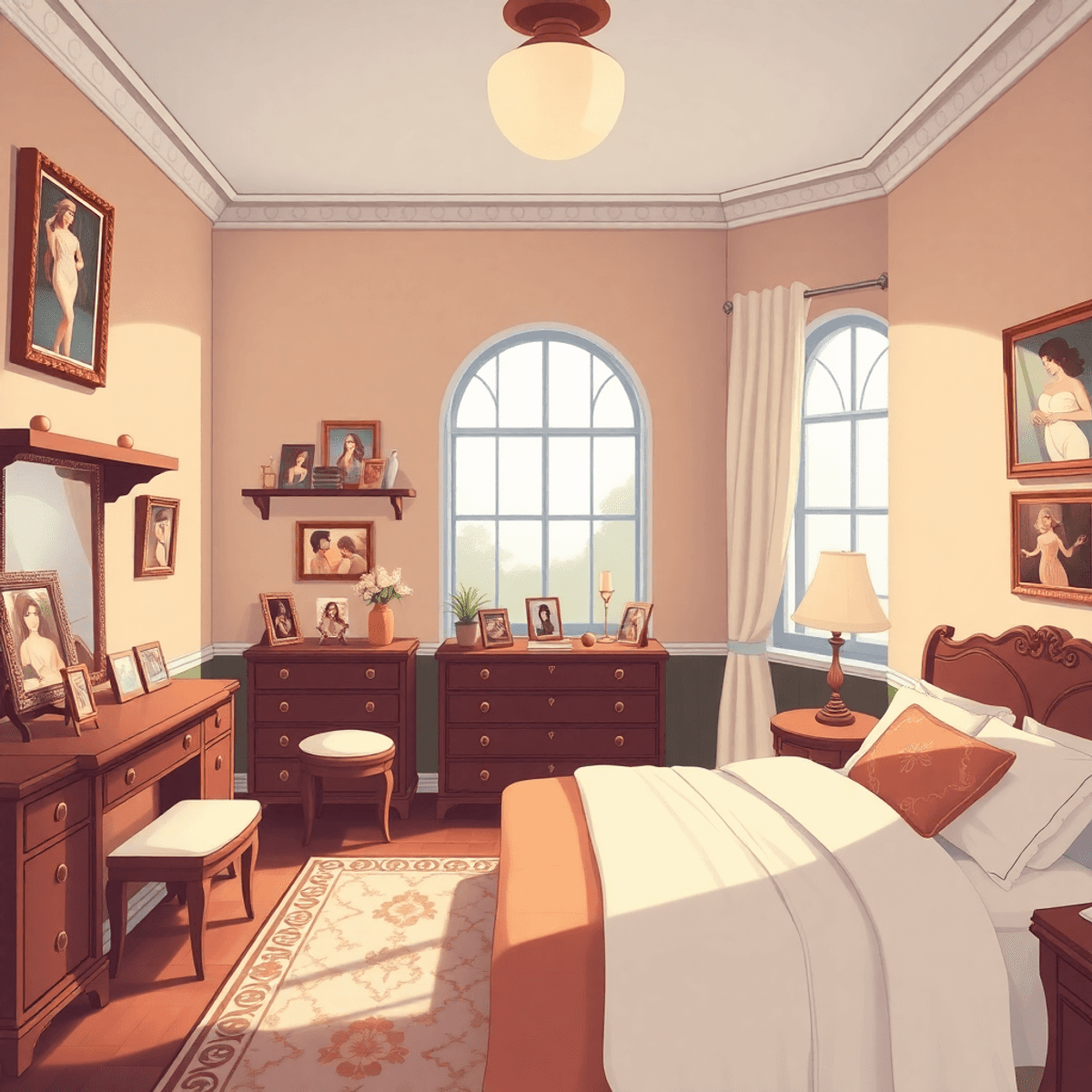 Cartoon-style elegant bedroom with framed boudoir photos on walls and shelves, bathed in soft natural light creating a warm, intimate atmosphere.