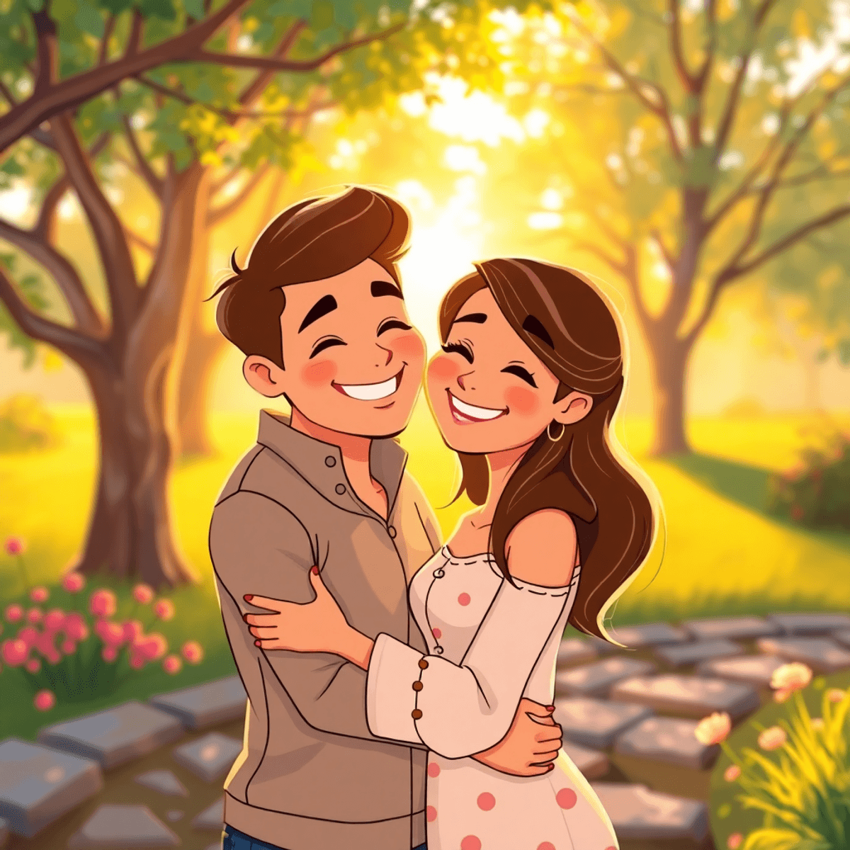 Cartoon-style couple embracing warmly in a sunlit park with golden-hour lighting, surrounded by lush greenery and a dreamy, romantic atmosphere.