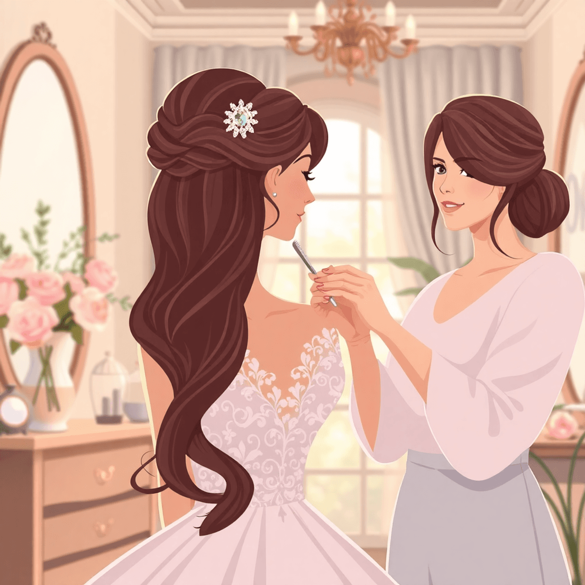 Cartoon of a hairstylist gently styling a bride’s long hair in a bright, floral bridal salon with soft natural light.