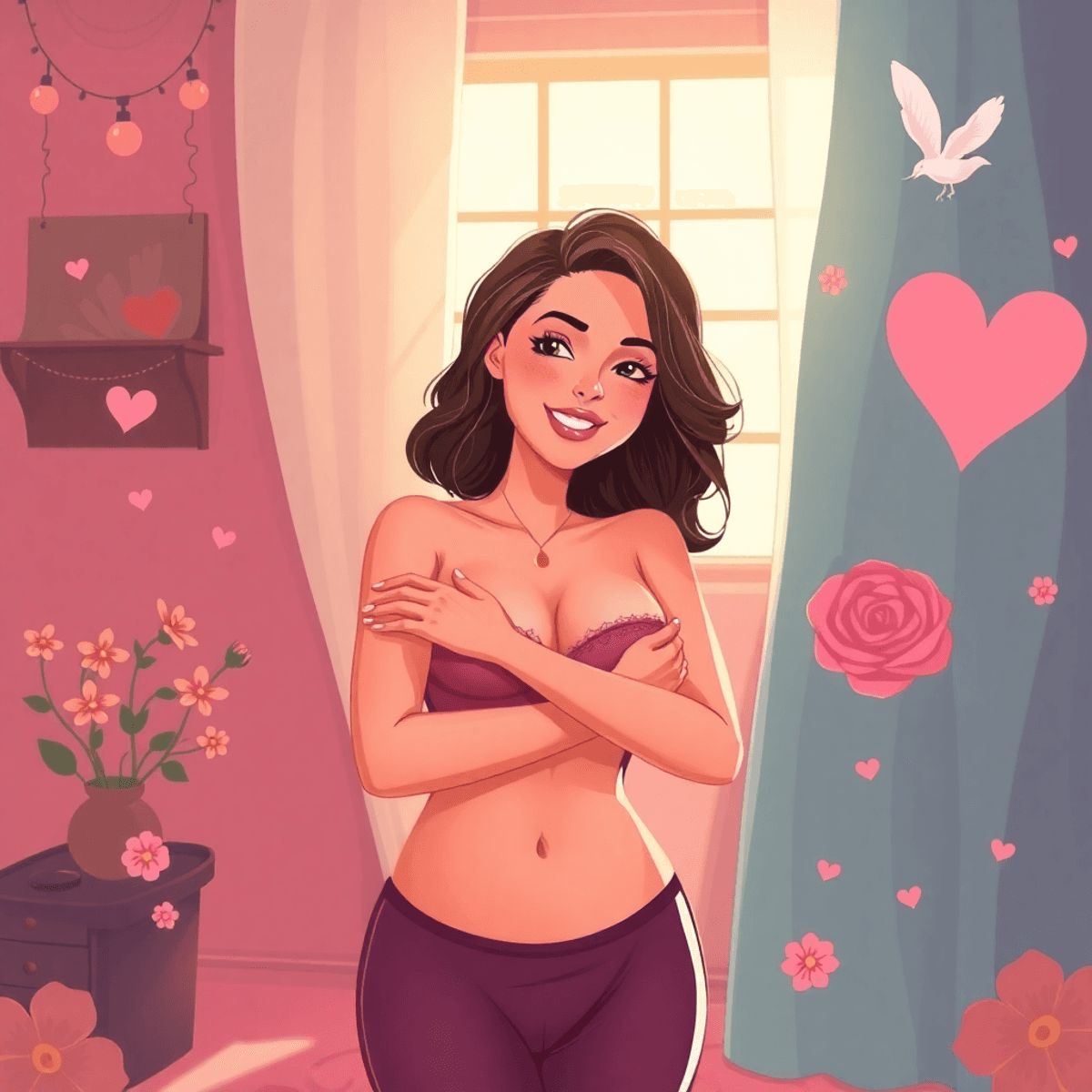 Cartoon-style boudoir scene with a confident woman embracing herself, bathed in soft natural light, surrounded by delicate artistic elements symbolizing self-love and healing.