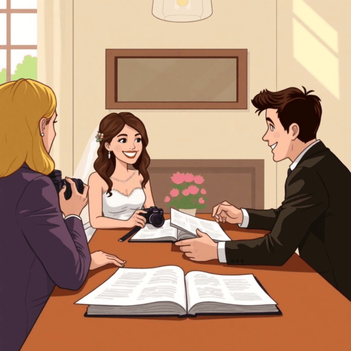 Cartoon of a bride and groom smiling with their wedding photographer at a table, discussing plans with open notebooks in warm, soft natural light.