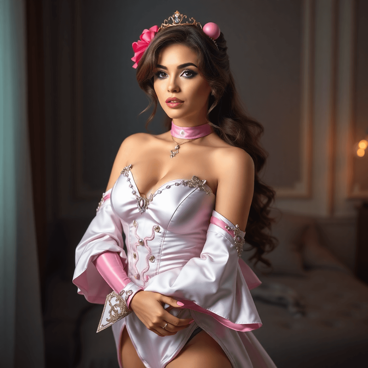 Confident woman in elegant cosplay costume posing gracefully in a softly lit boudoir with a fantasy and intimate cartoon style.