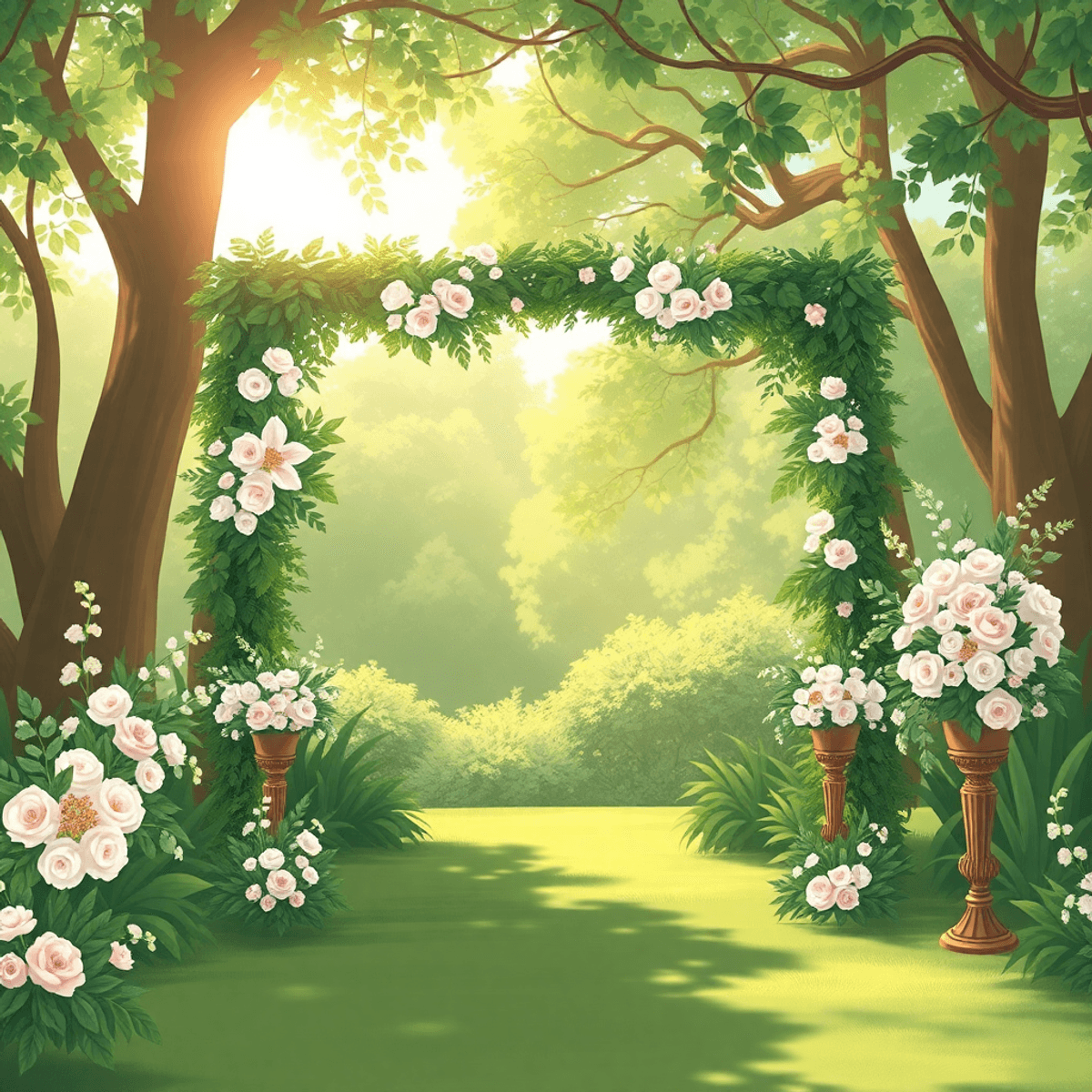 A cartoon-style outdoor wedding backdrop with lush greenery, soft floral arrangements, and romantic sunlight filtering through the trees. Elegant and serene atmosphere.