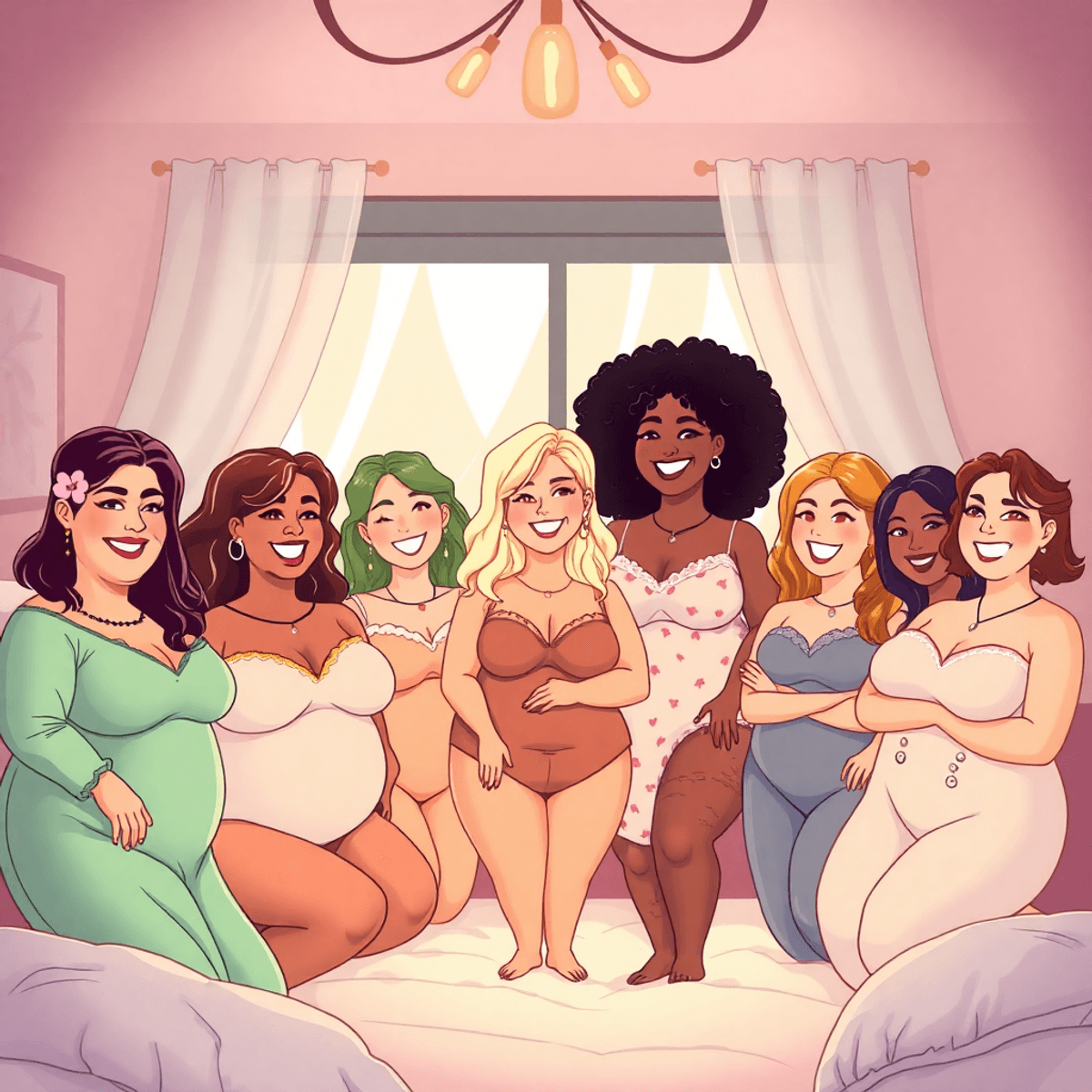 Cartoon of diverse confident people of various ages and body types smiling in a warm, softly lit boudoir setting promoting body positivity.